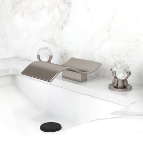 Deck Mount Widespread Waterfall 2 Crystal Handle Bathroom Sink Faucet in Brushed Nickel