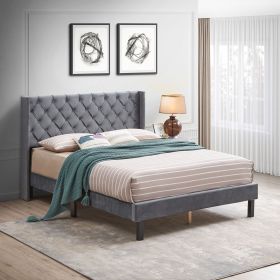 Upholstered Bed with Wings Design - Strong Wood Slat Support - Easy Assembly - Dark Gray Velvet;  Queen;  platform bed