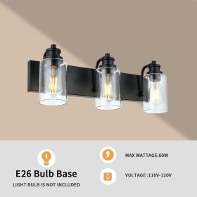 3-Lights Black Vanity Light Fixtures Over Mirror with Clear Glass Shade,Industrial Wall Mount Lamp Metal Bathroom Lighting