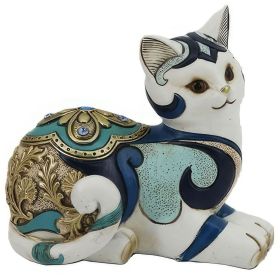 6"H White and Blue Semi Loaf Cat Figurine Home Decor Gift