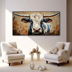 Rustic Animal Portrait Wall Art High Relief Cow Canvas Oil Painting 3D Hand Painted Textured Palette Knife Artwork Country Bovine Art Home (style: 01, size: 60x120cm)