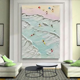 The Beach Joys Ocean Surfing Art Hand Painted Extra Large Heavy Textured 3D Minimalist Swimming Art Abstract Oil Painting Contemporary Art (style: 01, size: 50x70cm)