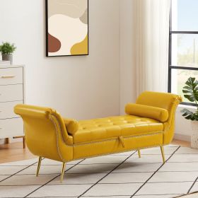 Sitting Bench PU Leather with Storage Space and 2 Pillows Hardware Feet (Color: Yellow)