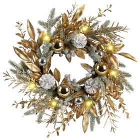 Christmas Wreath 20 Inch Christmas Door Decorations Wreath with Warm Lights (Color: Gold+ Green, Material: PVC)