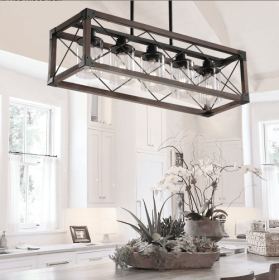 32 Red Wood Industrial Farmhouse Rectangle Pendant Light, 5-Light Chandelier With Lampshade For Dining Room, Kitchen Island, Cafe Decor No Bulbs (Option: Red and Black)