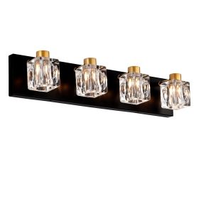 4-Light Matte Black Gold Bathroom Light Fixtures, Modern Vanity Lights With Crystal Glass Shade, Vintage Light Fixture Bathroom Over Mirror Wall (Color: Gold)
